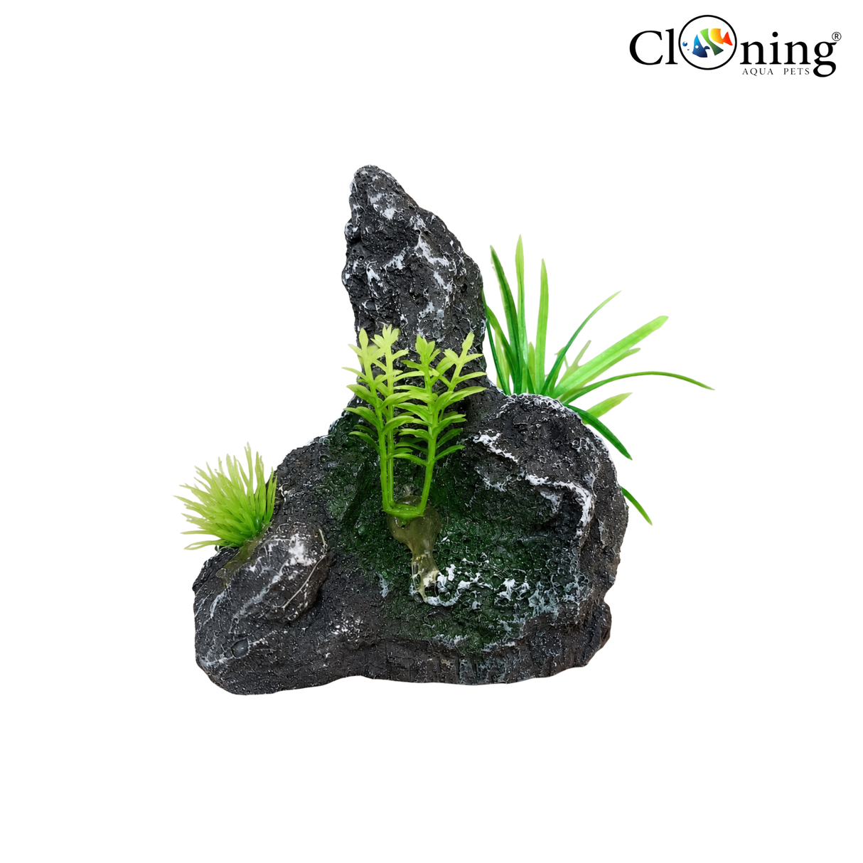 Decorative rock with artificial green plants on a white background, branded 'Cloning'.