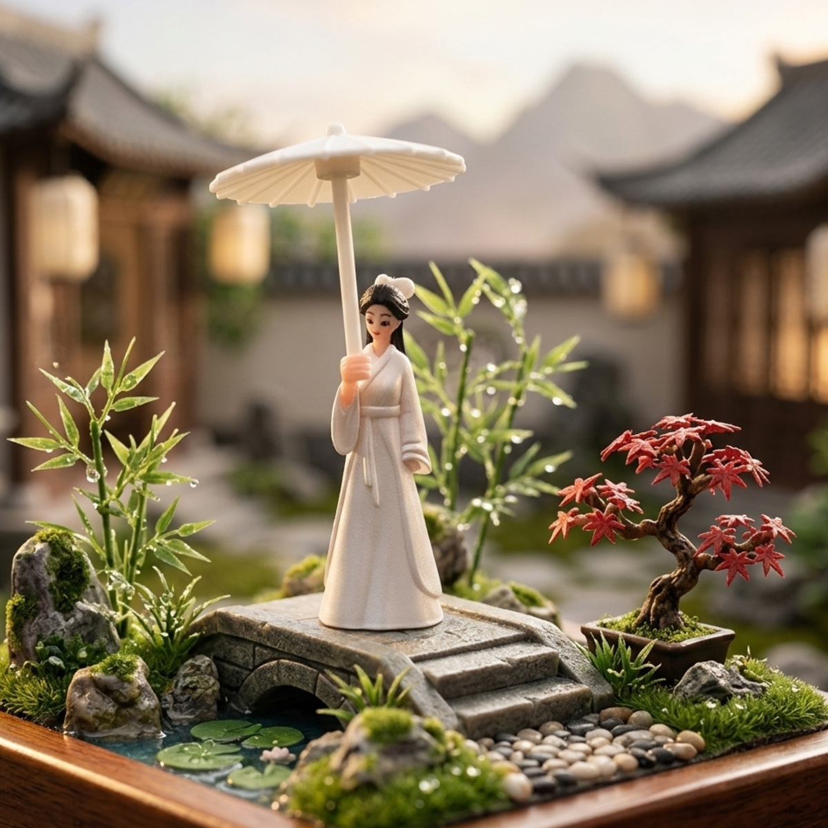 Decor Ancient Chinese Style Girl with Umbrella Figurine