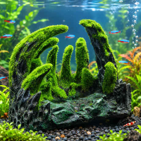 Decor Resin Aquarium Mountain Cave Ornament With Artificial Green Moss EG2004