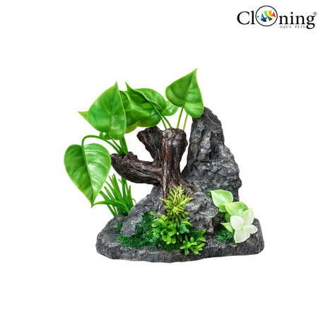 Decorative aquarium rock with plants on a white background, featuring the brand 'Cloning'.